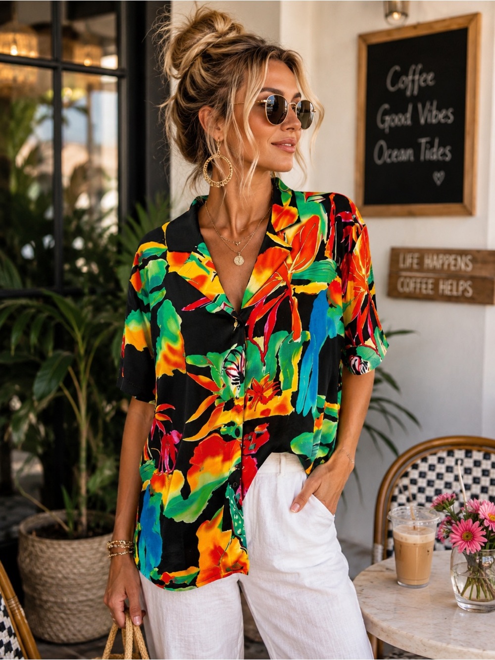 On The Verge Tropical Floral Button Up Top XL Hawaiian Resort Vacation Shirt VTG